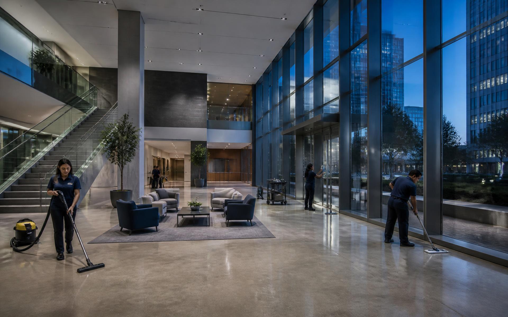 Commercial cleaning crew servicing a corporate office lobby